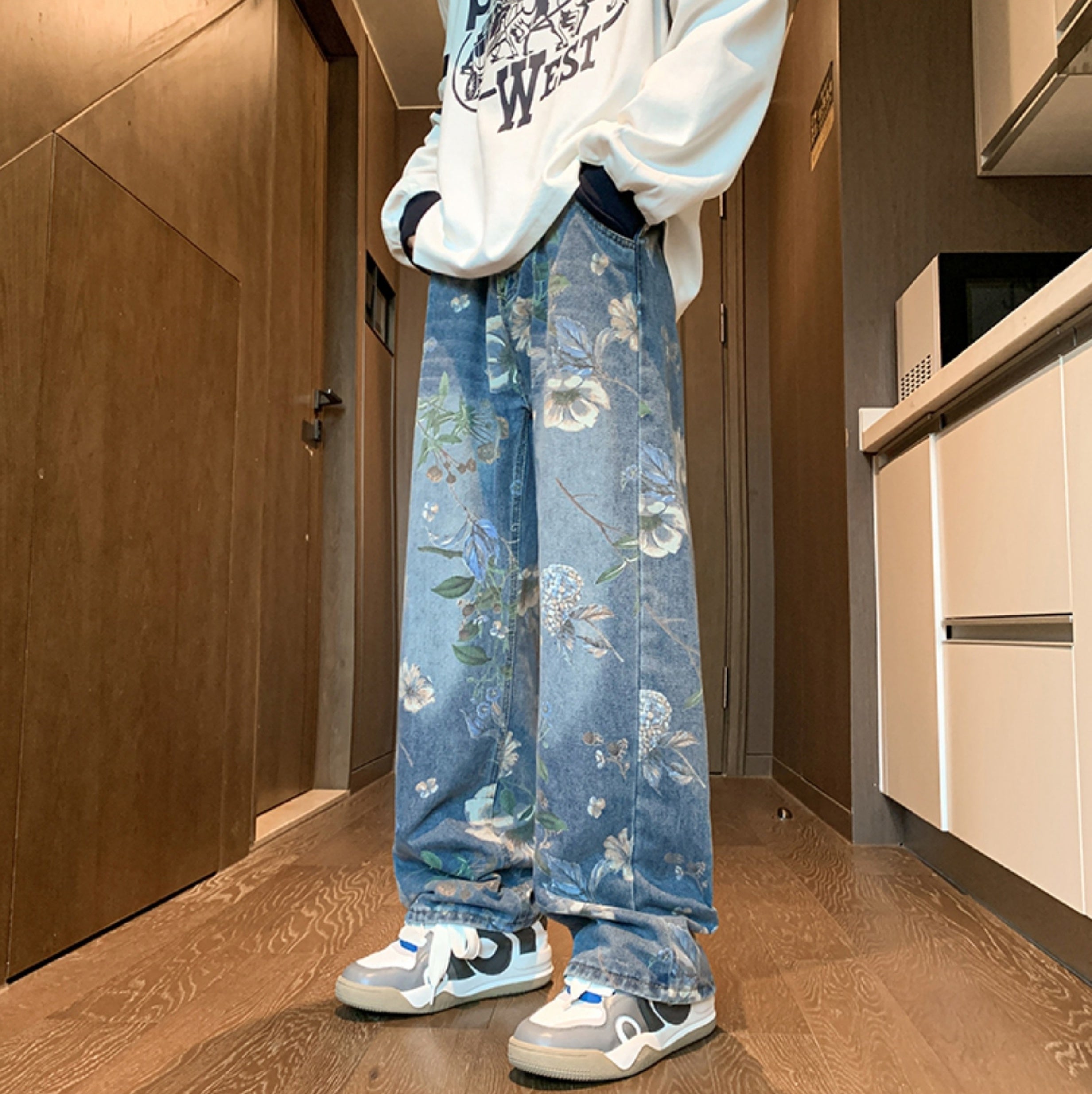 Blue Floral Pattern Jeans