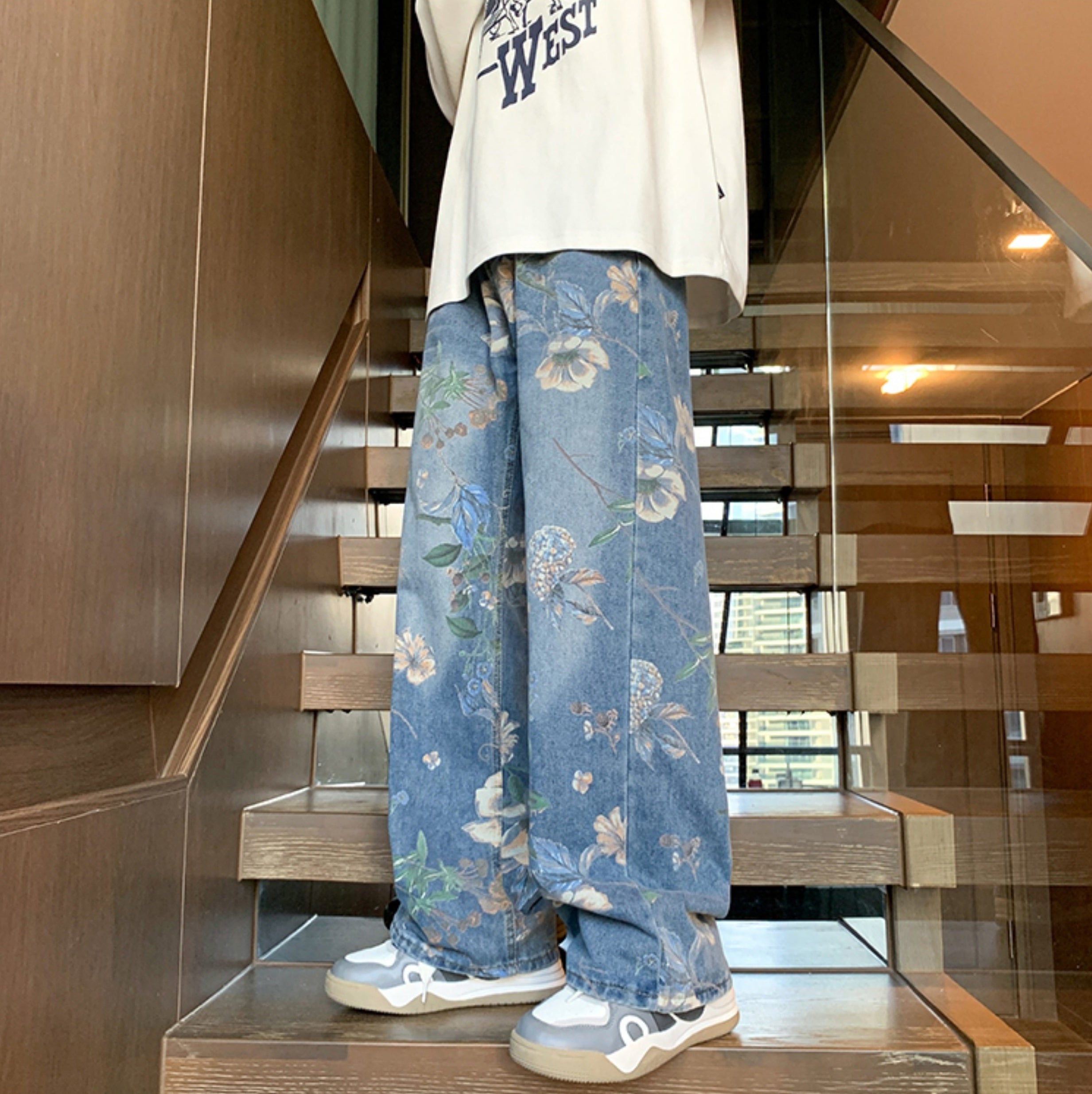 Blue Floral Pattern Jeans