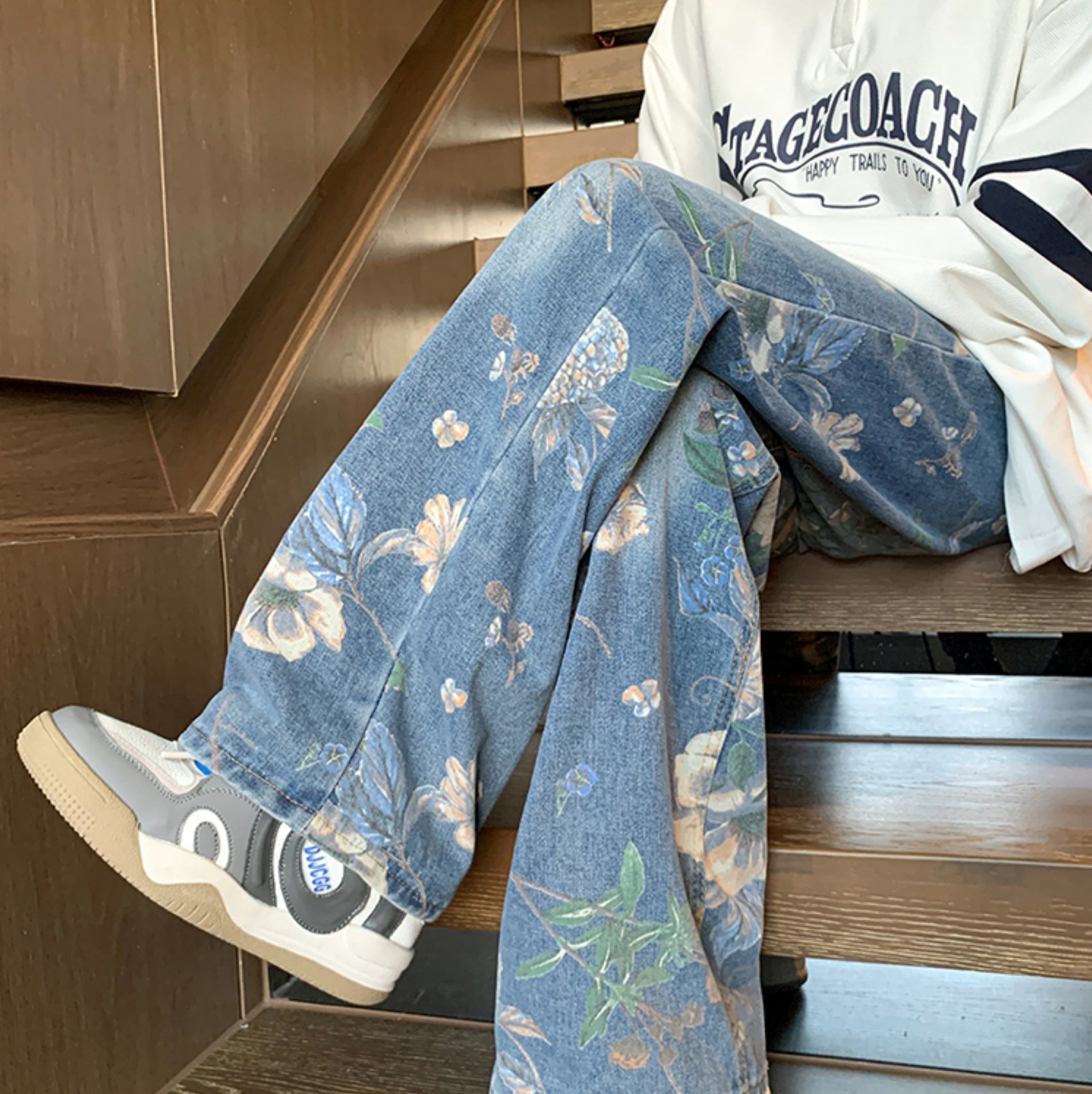 Blue Floral Pattern Jeans