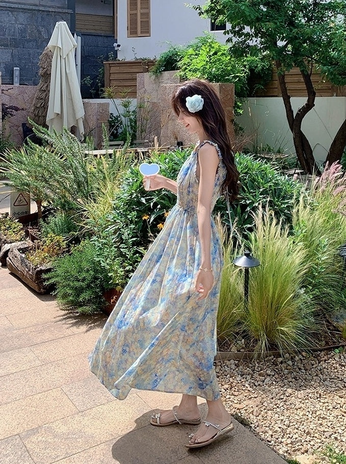 Blue Floral Ruched French Style Maxi Dress