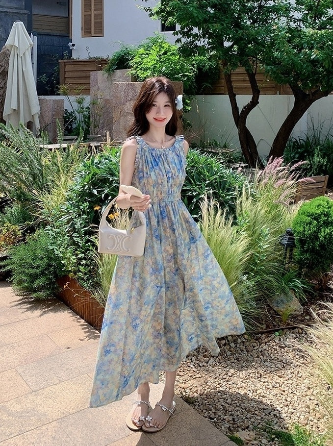 Blue Floral Ruched French Style Maxi Dress