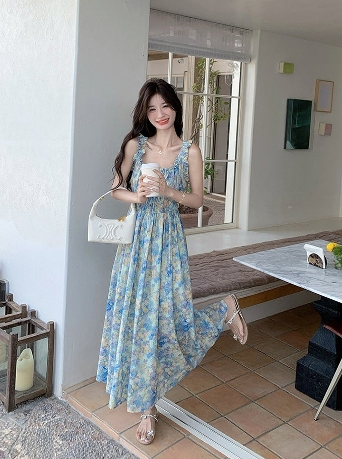 Blue Floral Ruched French Style Maxi Dress
