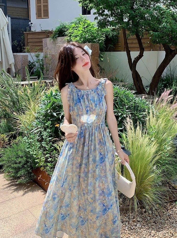 Blue Floral Ruched French Style Maxi Dress