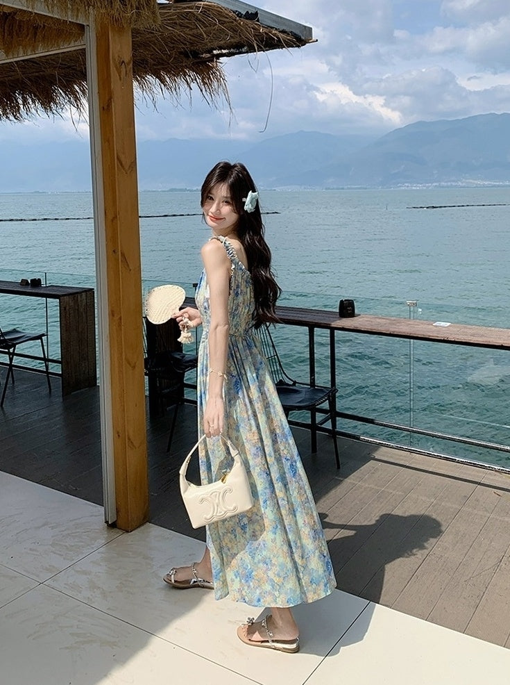 Blue Floral Ruched French Style Maxi Dress