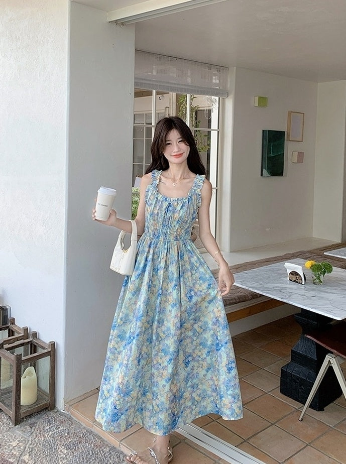 Blue Floral Ruched French Style Maxi Dress