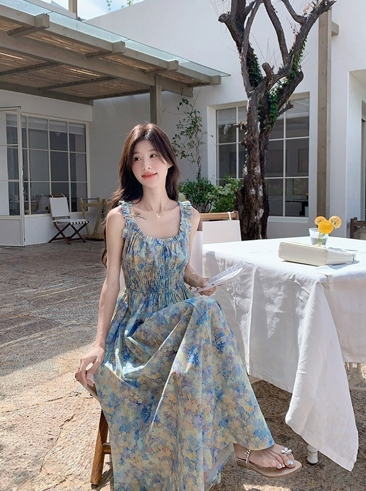 Blue Floral Ruched French Style Maxi Dress