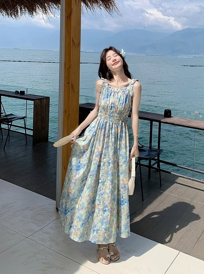 Blue Floral Ruched French Style Maxi Dress