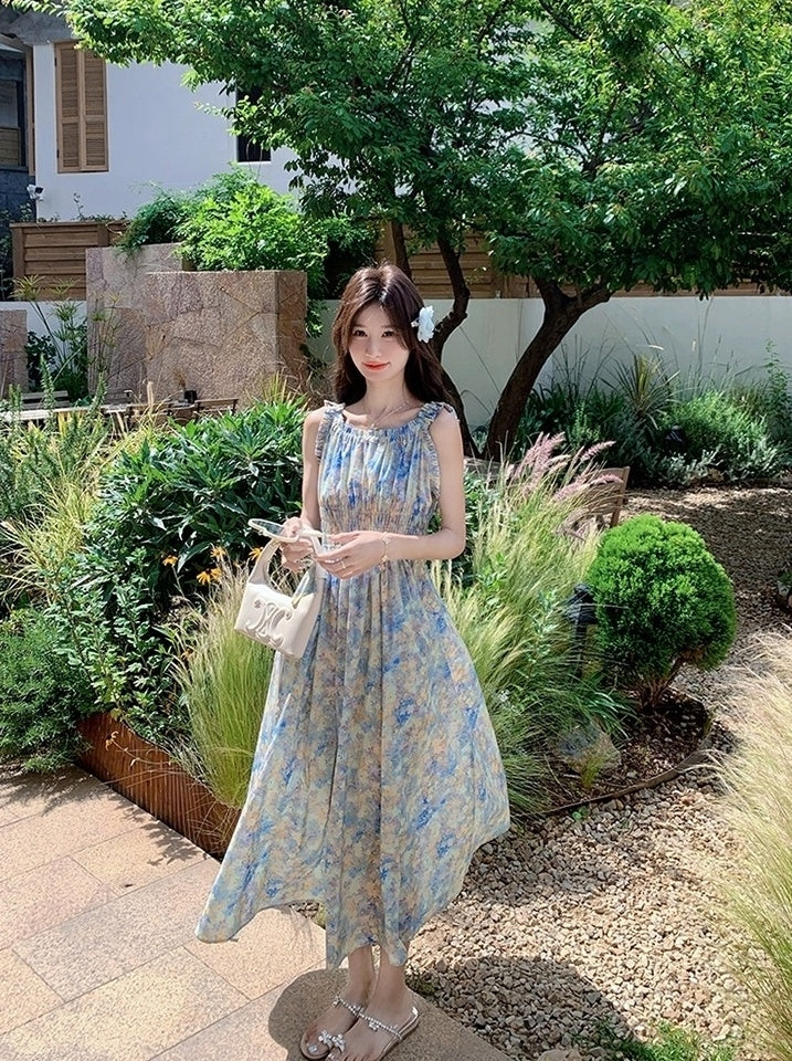 Blue Floral Ruched French Style Maxi Dress