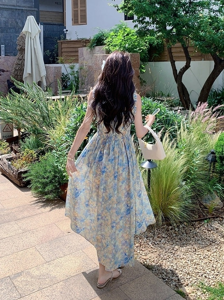 Blue Floral Ruched French Style Maxi Dress