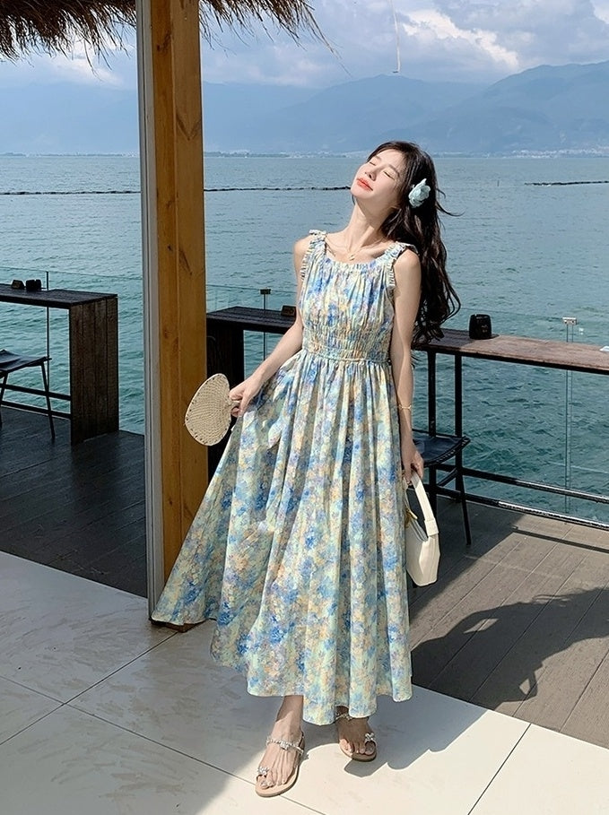 Blue Floral Ruched French Style Maxi Dress