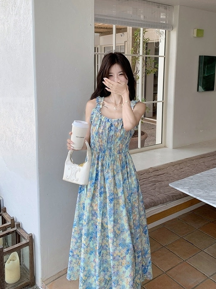 Blue Floral Ruched French Style Maxi Dress