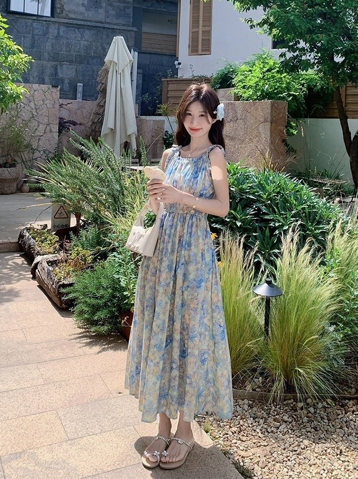 Blue Floral Ruched French Style Maxi Dress