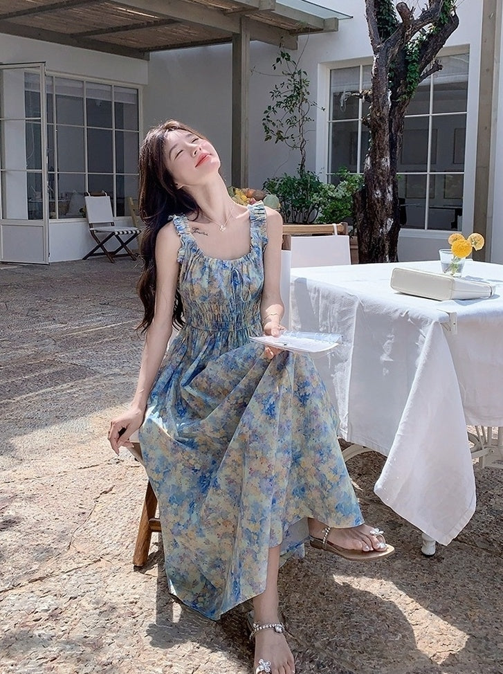 Blue Floral Ruched French Style Maxi Dress