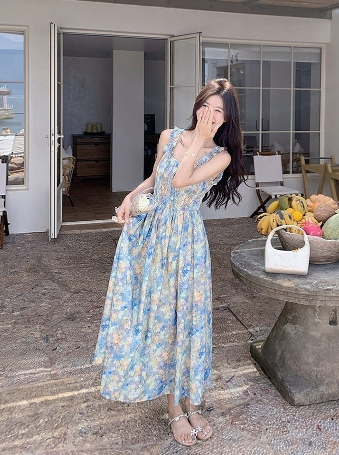 Blue Floral Ruched French Style Maxi Dress