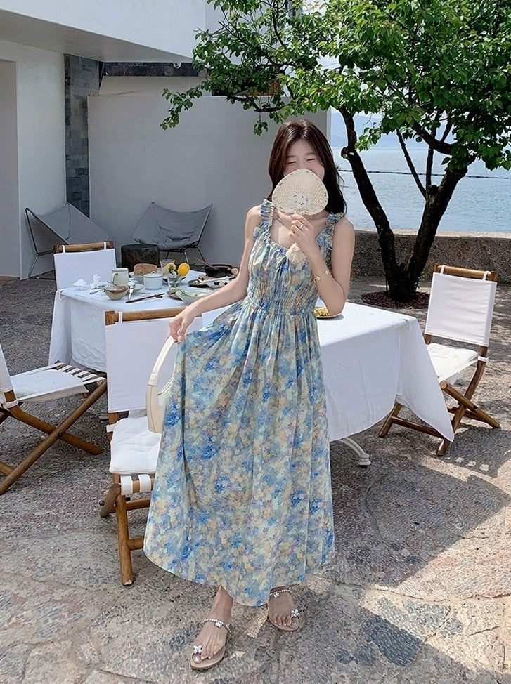Blue Floral Ruched French Style Maxi Dress
