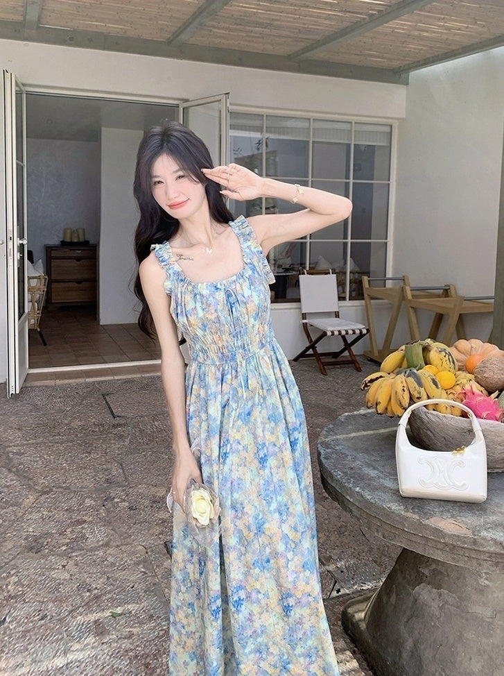 Blue Floral Ruched French Style Maxi Dress