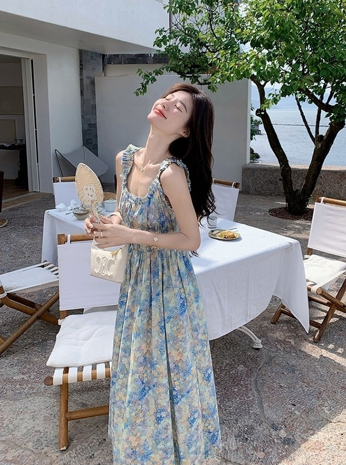 Blue Floral Ruched French Style Maxi Dress