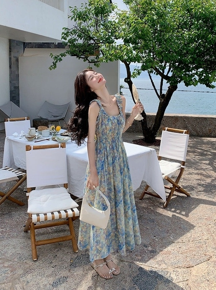 Blue Floral Ruched French Style Maxi Dress
