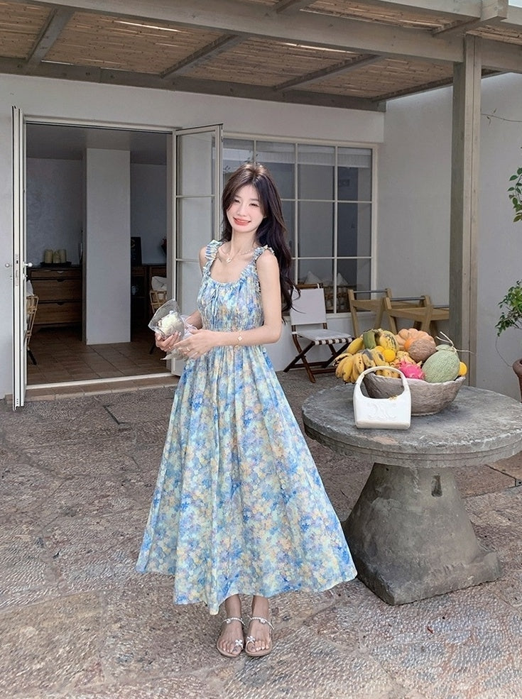 Blue Floral Ruched French Style Maxi Dress