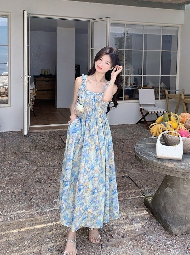 Blue Floral Ruched French Style Maxi Dress