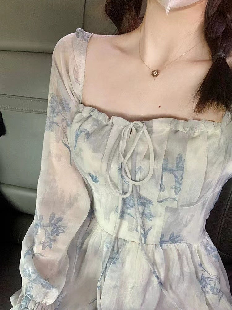 Blue Floral Square Neck Princess Dress