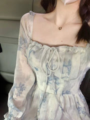 Blue Floral Square Neck Princess Dress