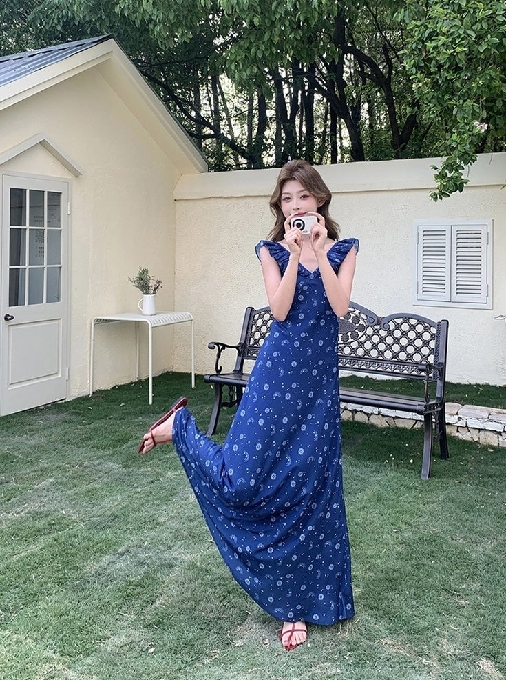 Blue Floral Vintage V Neck Sleeveless Maxi Dress