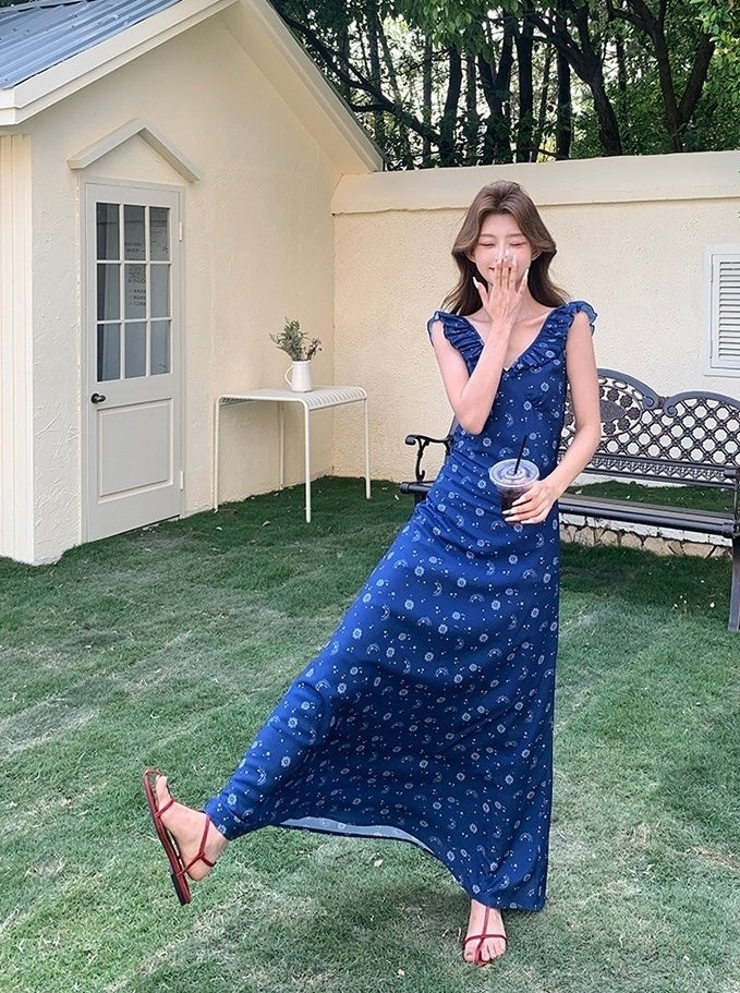 Blue Floral Vintage V Neck Sleeveless Maxi Dress