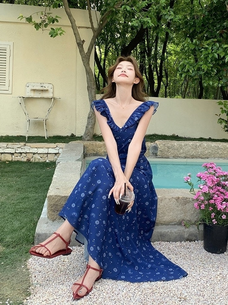 Blue Floral Vintage V Neck Sleeveless Maxi Dress
