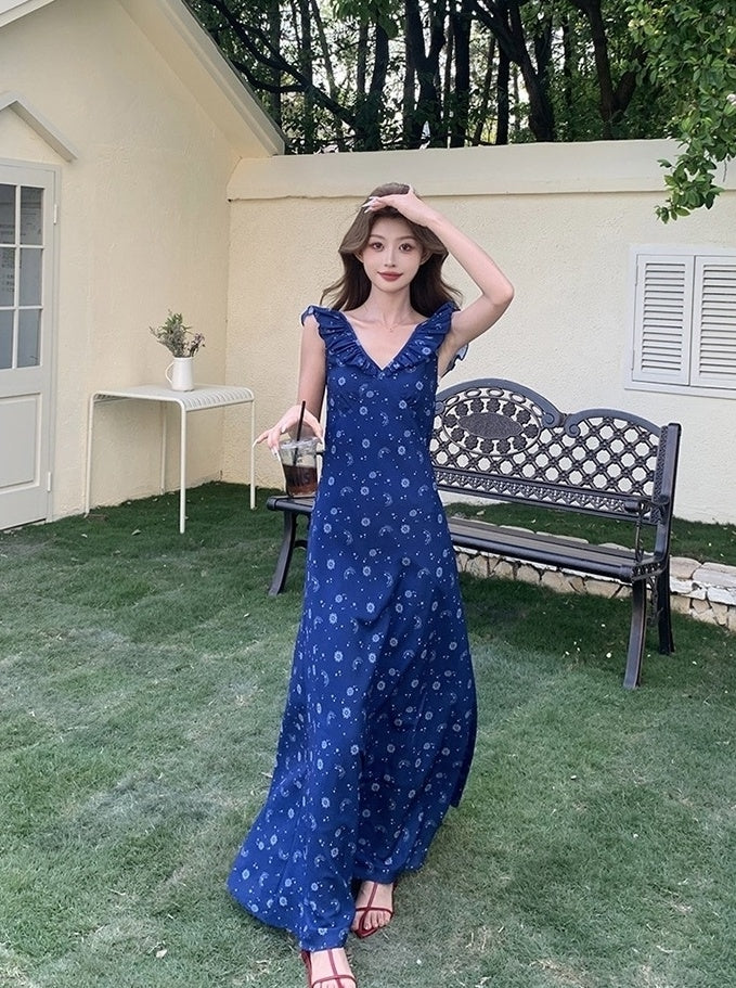 Blue Floral Vintage V Neck Sleeveless Maxi Dress