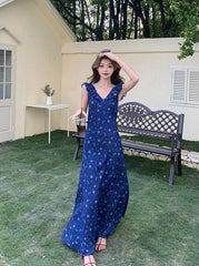 Blue Floral Vintage V Neck Sleeveless Maxi Dress