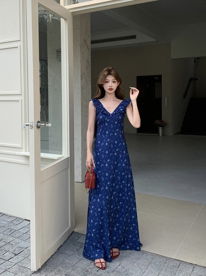Blue Floral Vintage V Neck Sleeveless Maxi Dress
