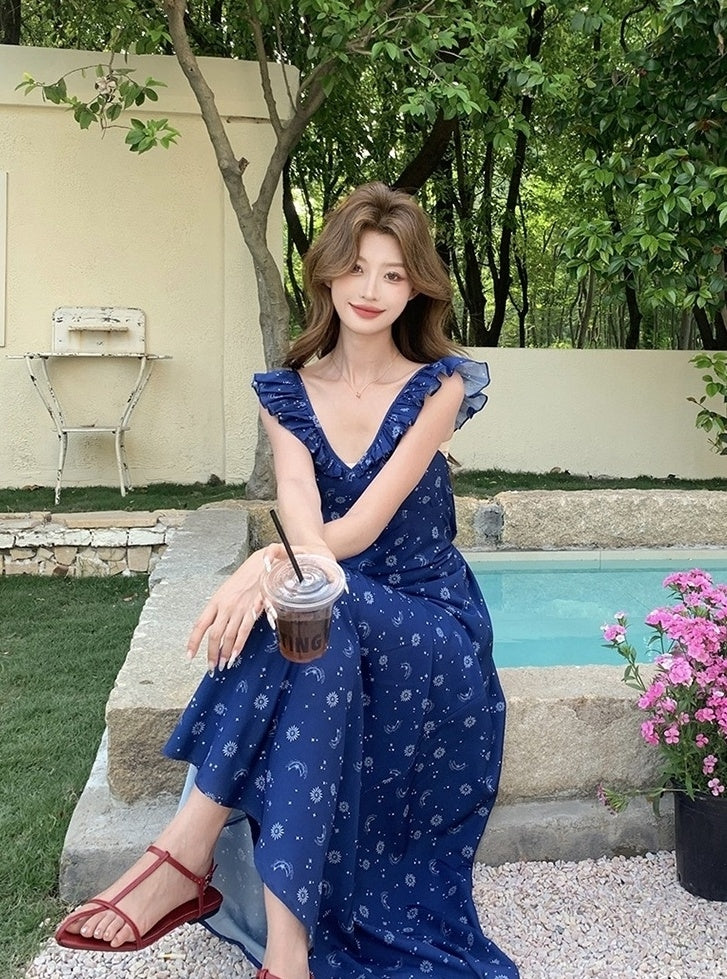 Blue Floral Vintage V Neck Sleeveless Maxi Dress