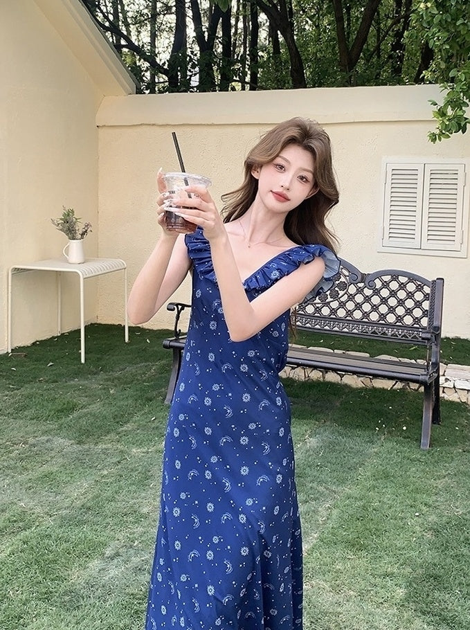Blue Floral Vintage V Neck Sleeveless Maxi Dress