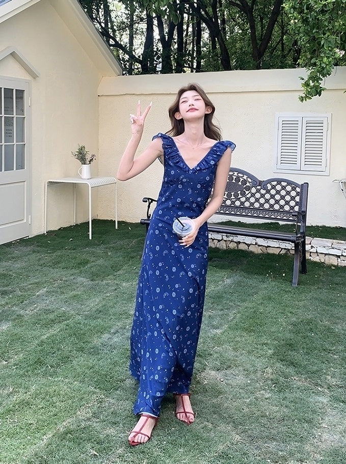 Blue Floral Vintage V Neck Sleeveless Maxi Dress