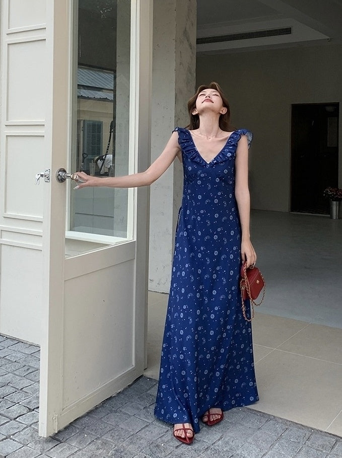 Blue Floral Vintage V Neck Sleeveless Maxi Dress
