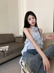 Blue Flower Ruffles Halter Top