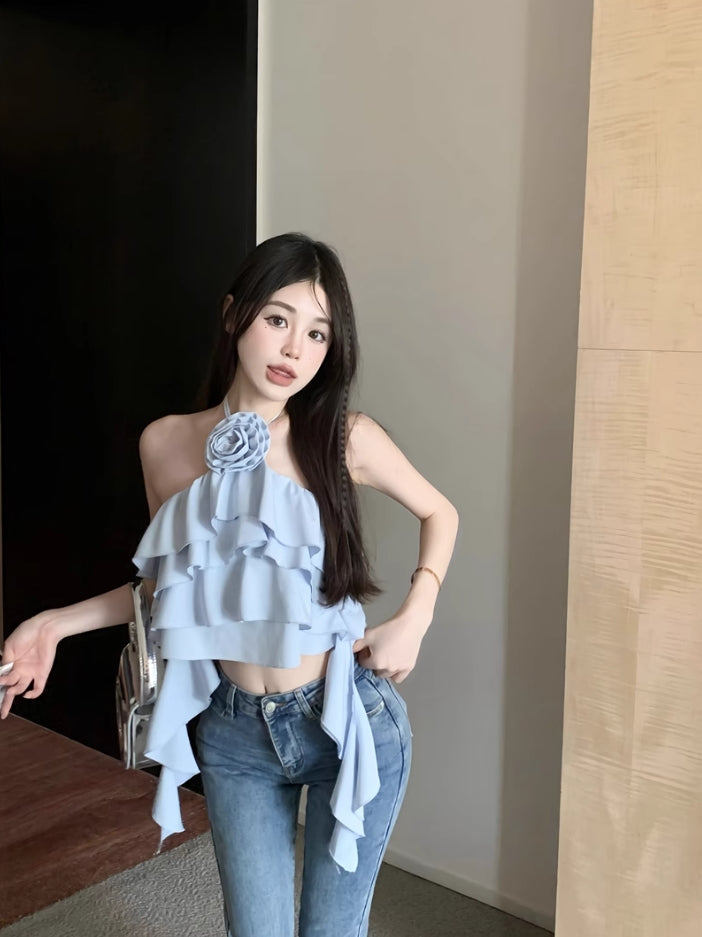 Blue Flower Ruffles Halter Top