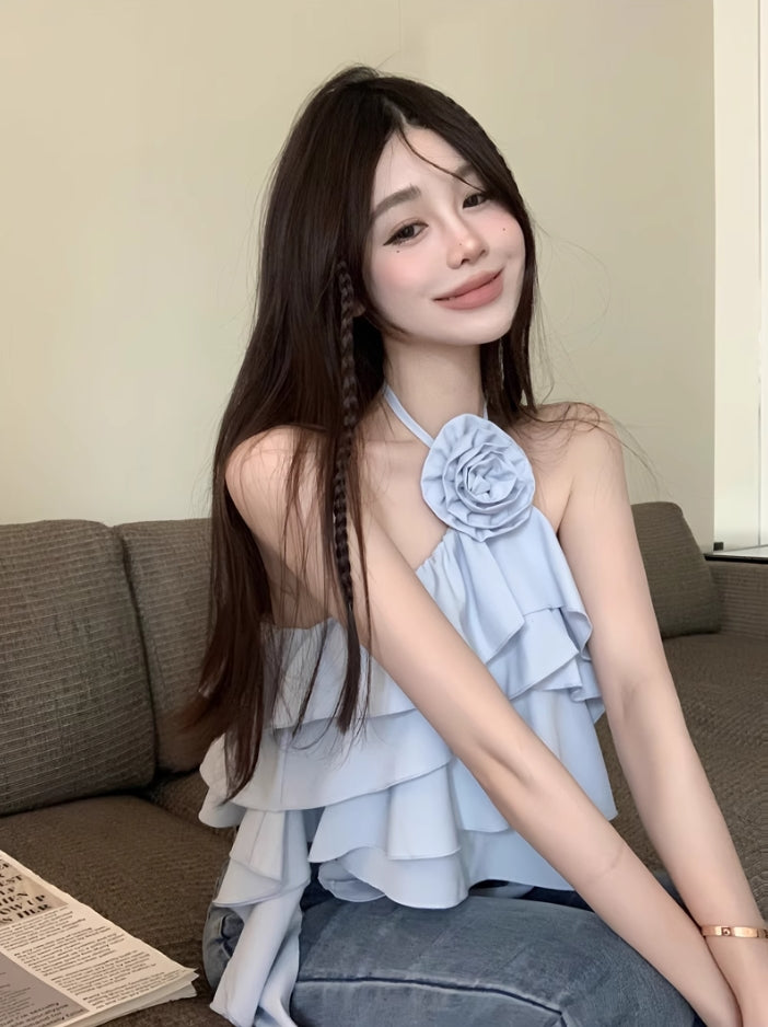 Blue Flower Ruffles Halter Top