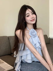 Blue Flower Ruffles Halter Top