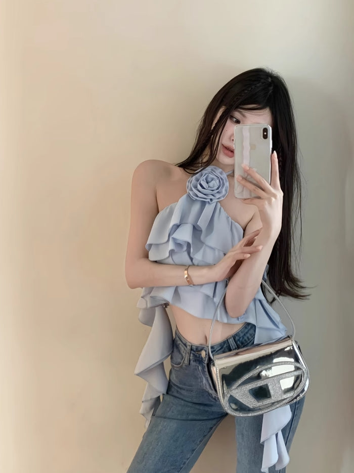 Blue Flower Ruffles Halter Top