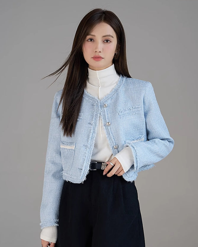 Blue Fringe Tweed Cropped Jacket
