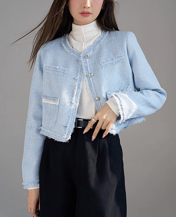 Blue Fringe Tweed Cropped Jacket