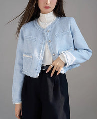 Blue Fringe Tweed Cropped Jacket