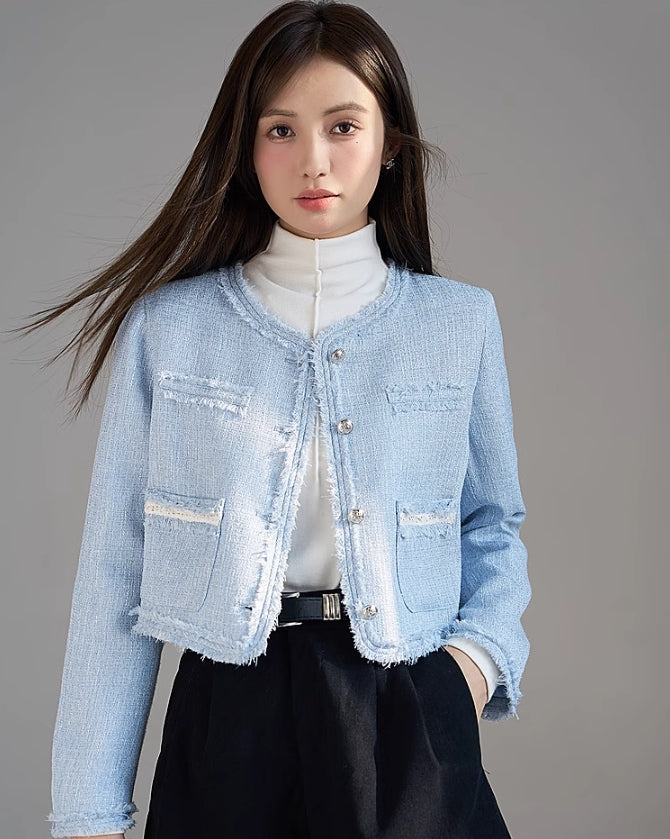 Blue Fringe Tweed Cropped Jacket