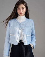 Blue Fringe Tweed Cropped Jacket