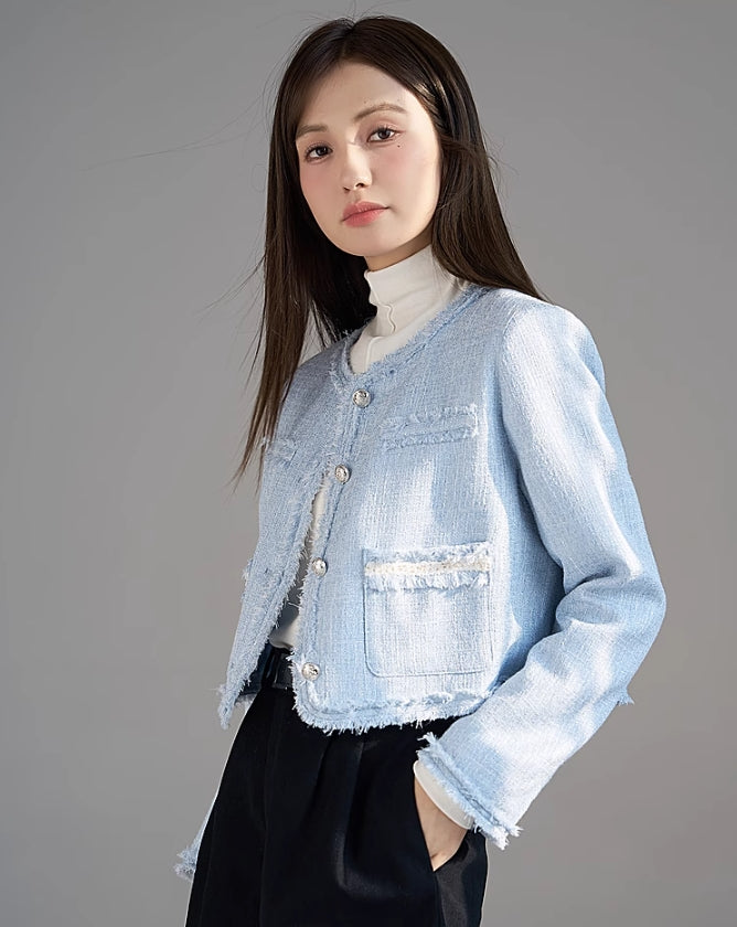 Blue Fringe Tweed Cropped Jacket