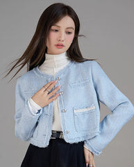 Blue Fringe Tweed Cropped Jacket