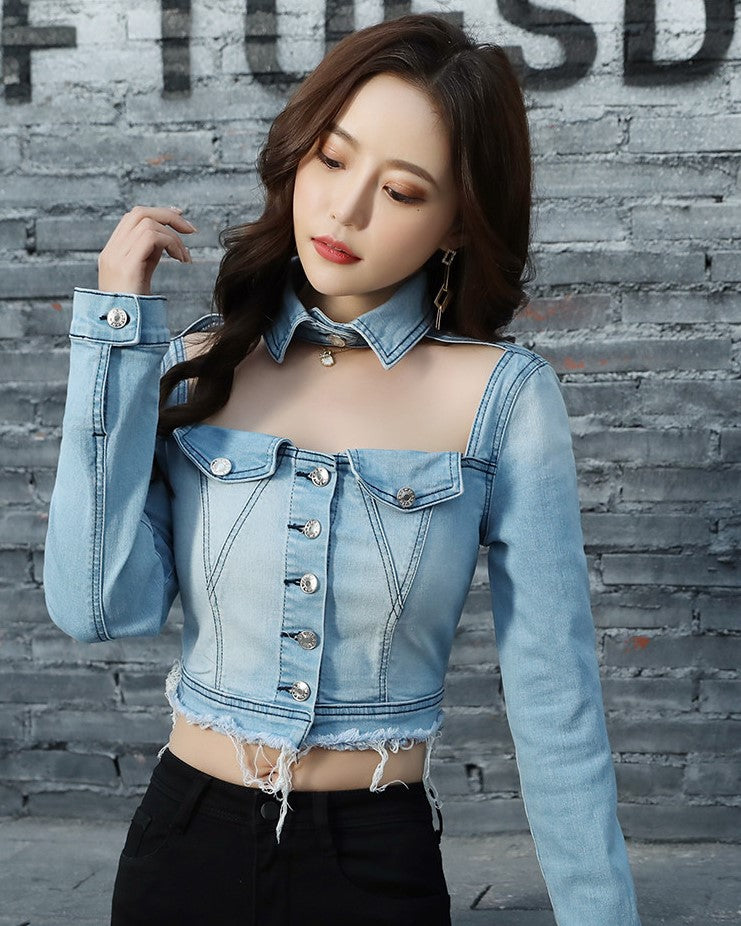Blue Front Cut-Out Denim Top