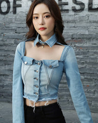 Blue Front Cut-Out Denim Top